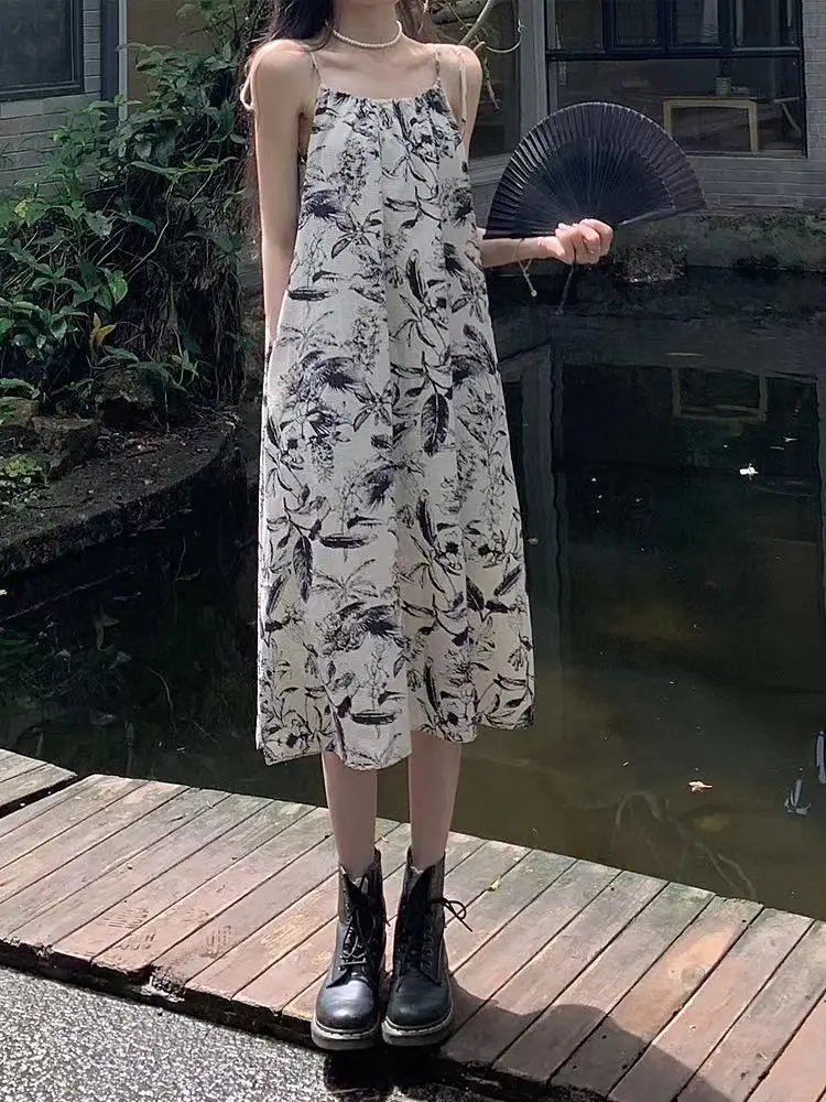 Vintage Ink Printed Women's Summer Dress Mid-Length Loose Skirt — feature 2