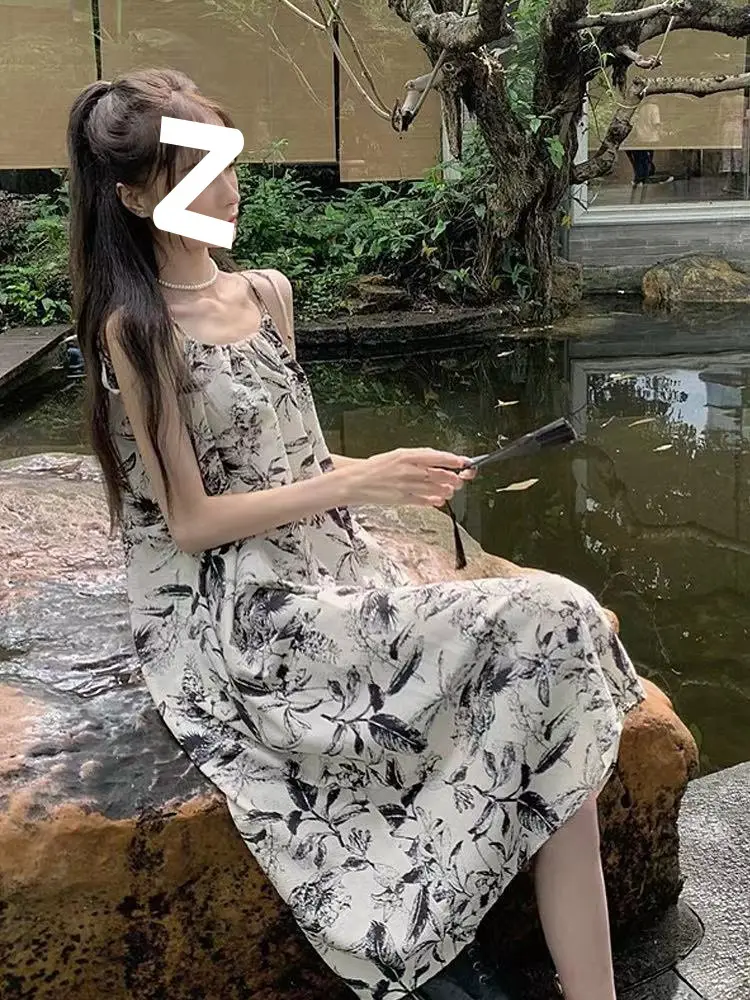 Vintage Ink Printed Women's Summer Dress Mid-Length Loose Skirt — feature 3