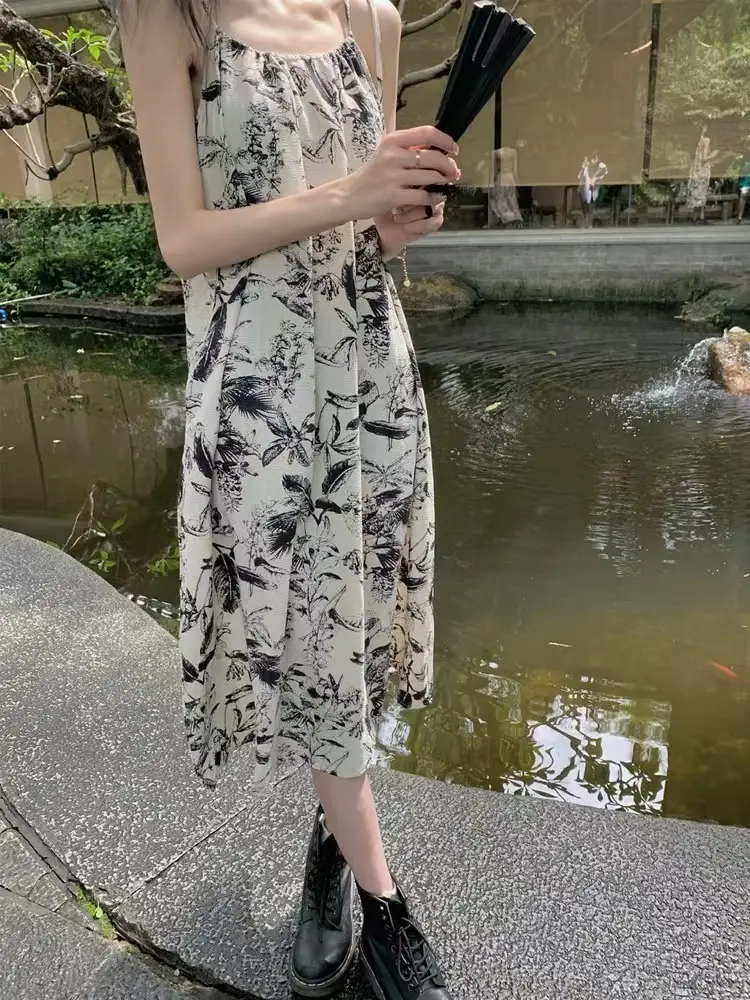 Vintage Ink Printed Women's Summer Dress Mid-Length Loose Skirt — feature 4