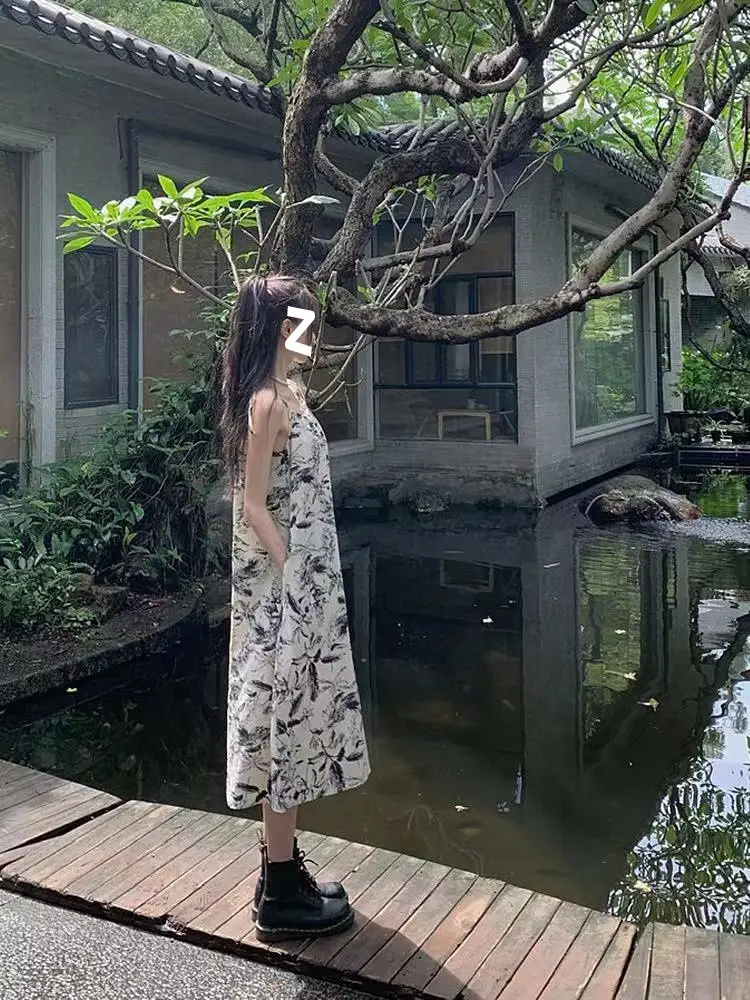 Vintage Ink Printed Women's Summer Dress Mid-Length Loose Skirt — feature 6