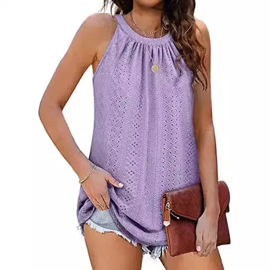 Women's 2024 Sleeveless T-Shirt Vest Hole Hollow Round Neck - Image 11