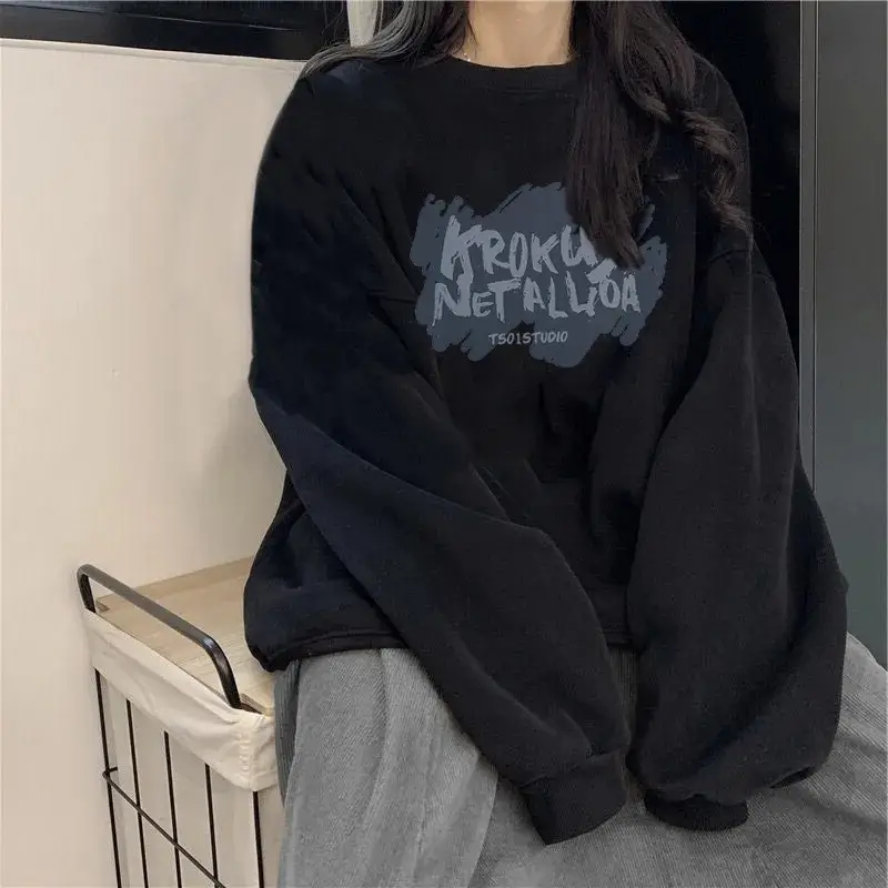 Women Oversize Hooded Sweatshirt Black Net Allover Print - Image 2