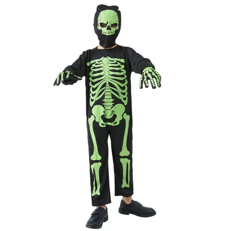 Kids Halloween Skeleton Costume Black Green - Image 3