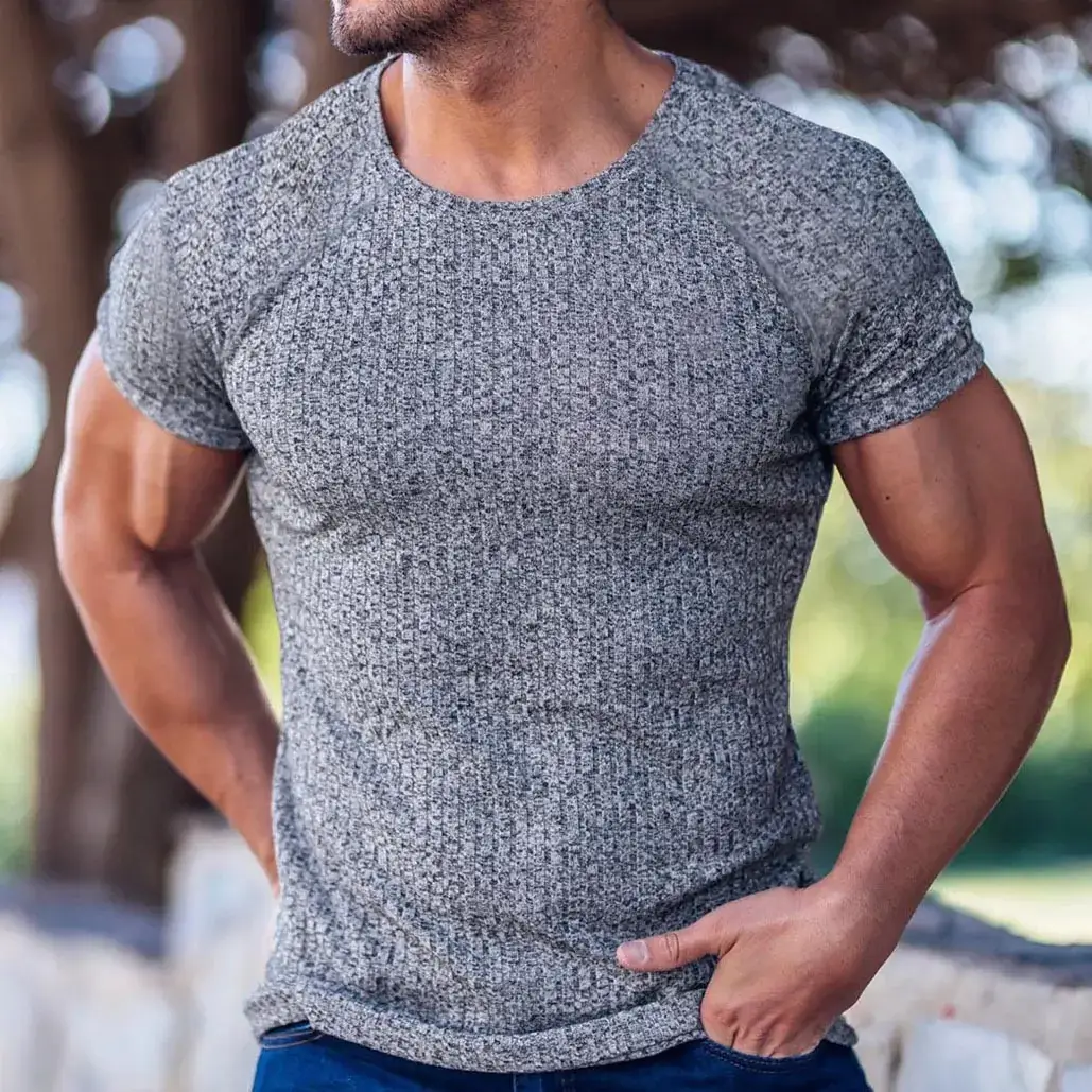 Men Black Ribbed T-Shirt Vertical Round Neck Short Sleeve
