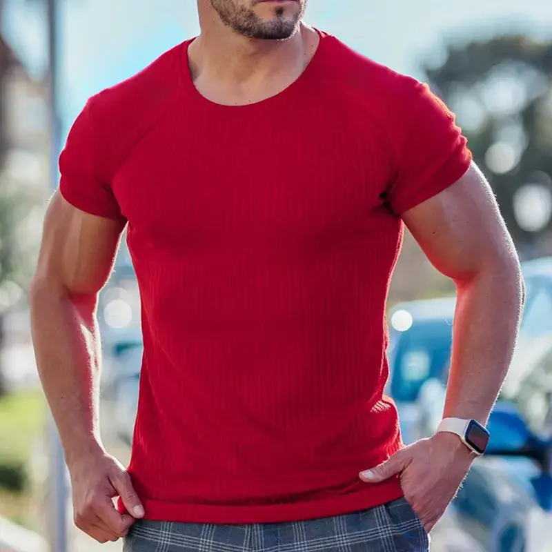 Men Black Ribbed T-Shirt Vertical Round Neck Short Sleeve
