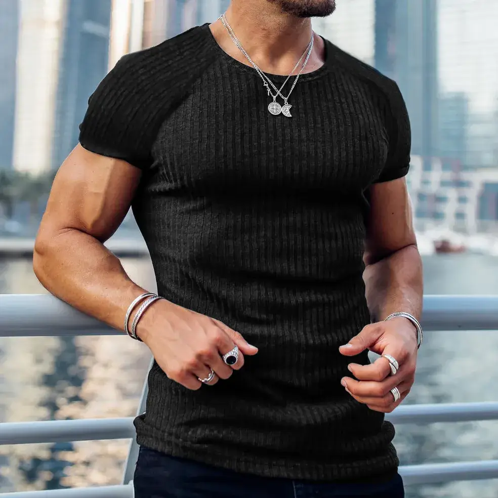 Men Black Ribbed T-Shirt Vertical Round Neck Short Sleeve
