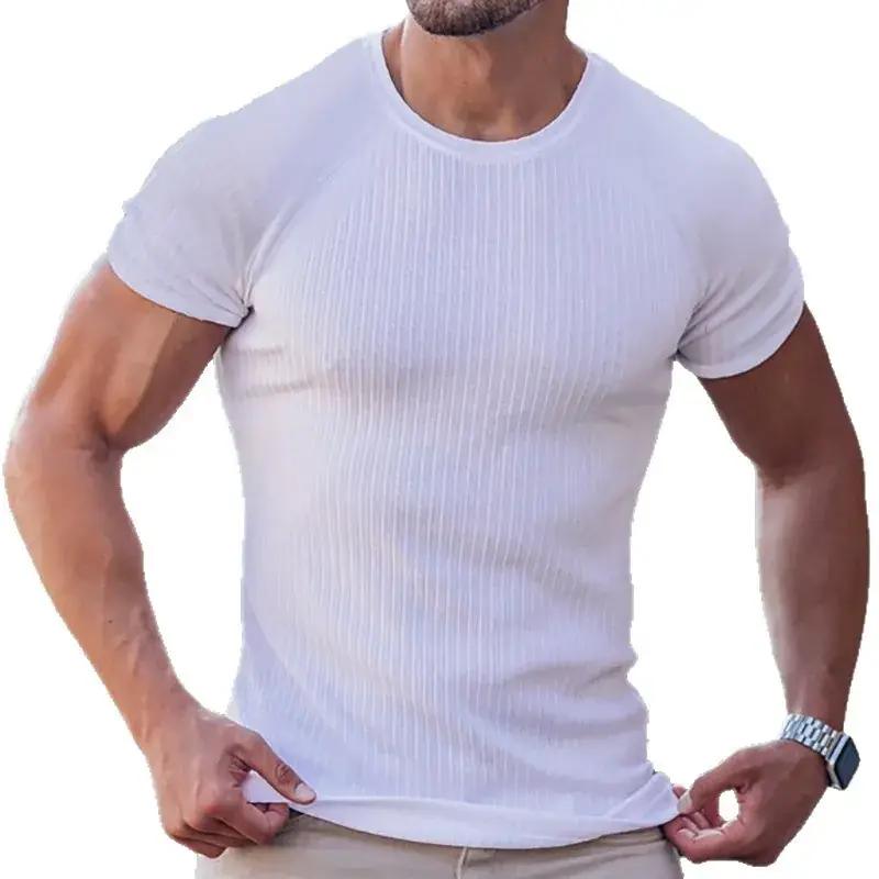 Men Black Ribbed T-Shirt Vertical Round Neck Short Sleeve