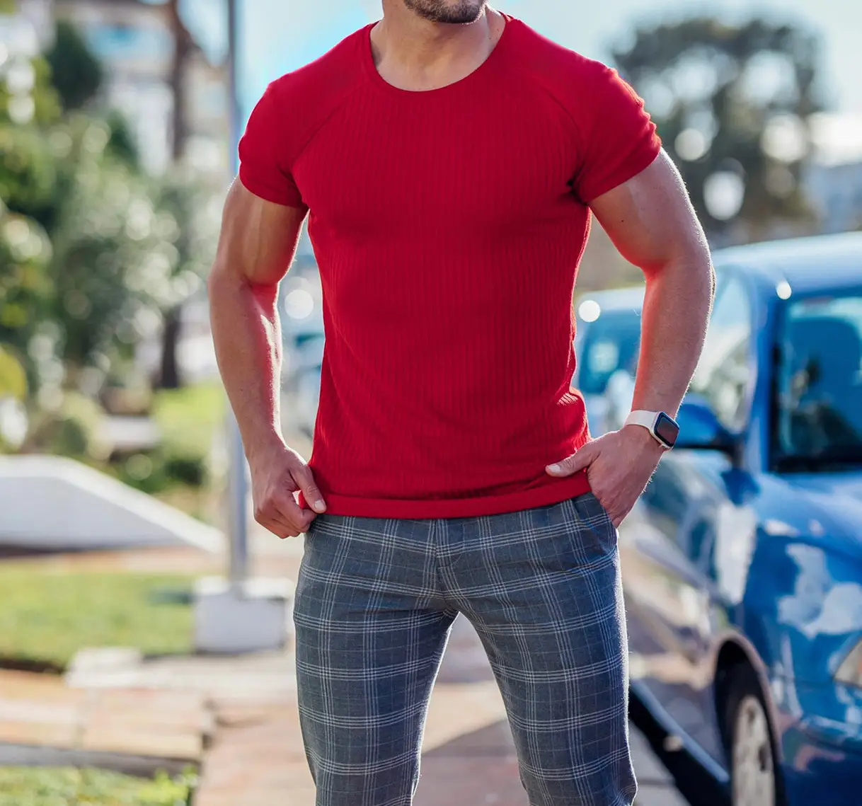 Men Black Ribbed T-Shirt Vertical Round Neck Short Sleeve — feature 2