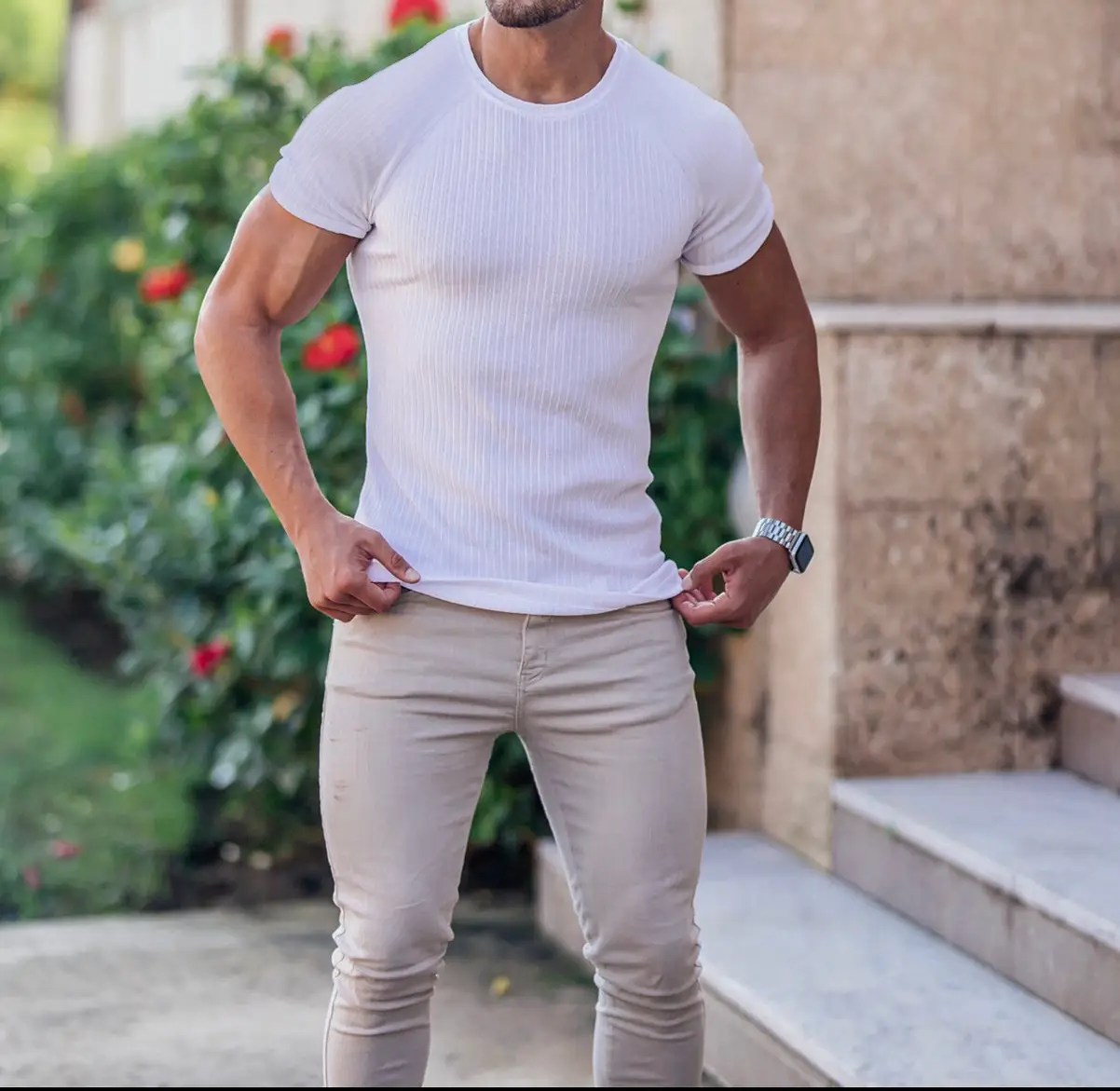 Men Black Ribbed T-Shirt Vertical Round Neck Short Sleeve — feature 8