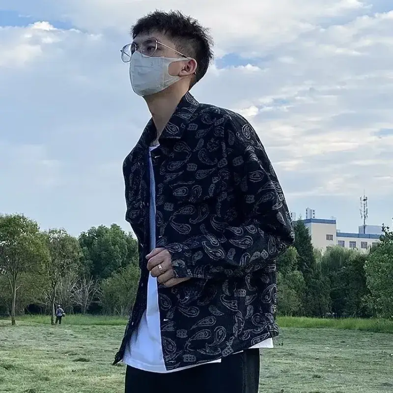 Men's Paisley Denim Jacket European Street Style Plus Size