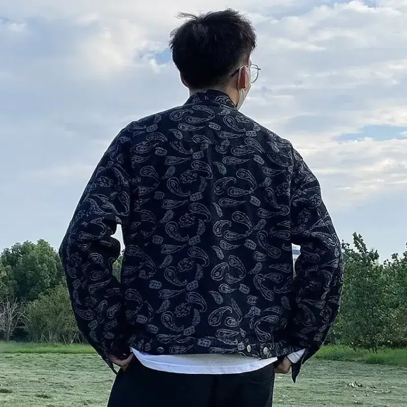 Men's Paisley Denim Jacket European Street Style Plus Size