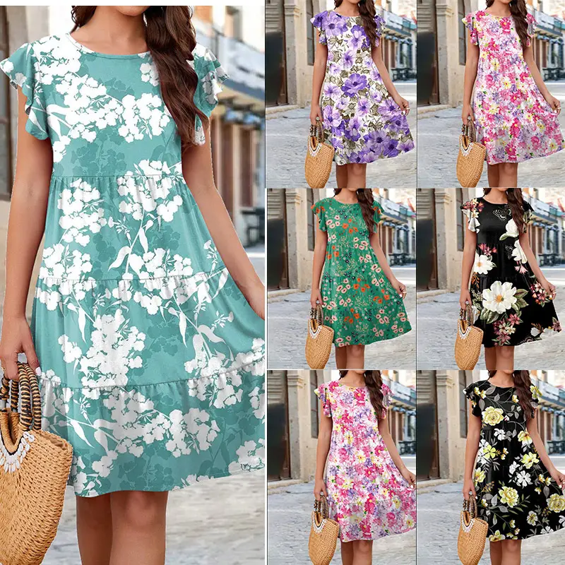 Purple Floral Flutter Sleeve Casual Dress for Women - Image 7