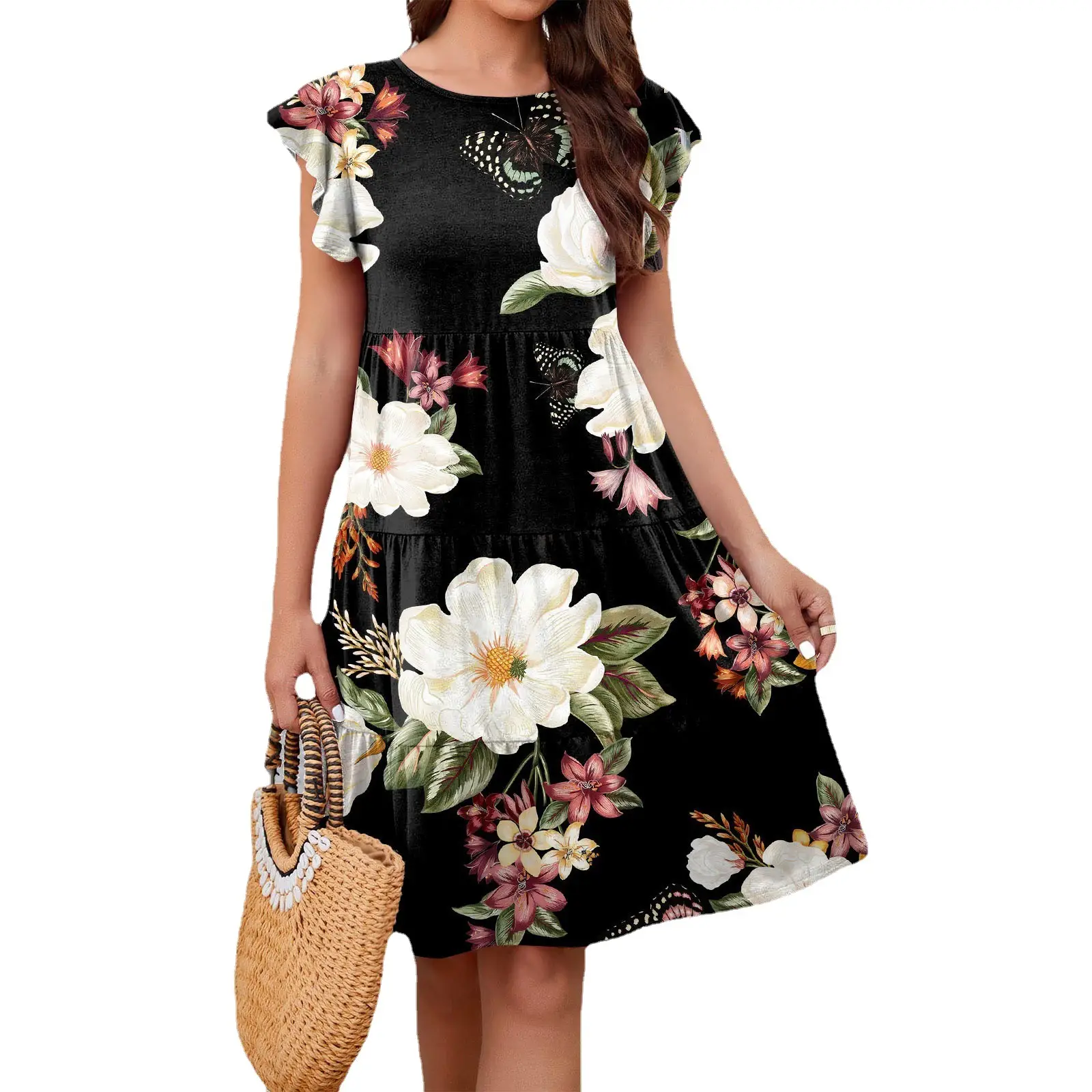 Purple Floral Flutter Sleeve Casual Dress for Women - Image 11