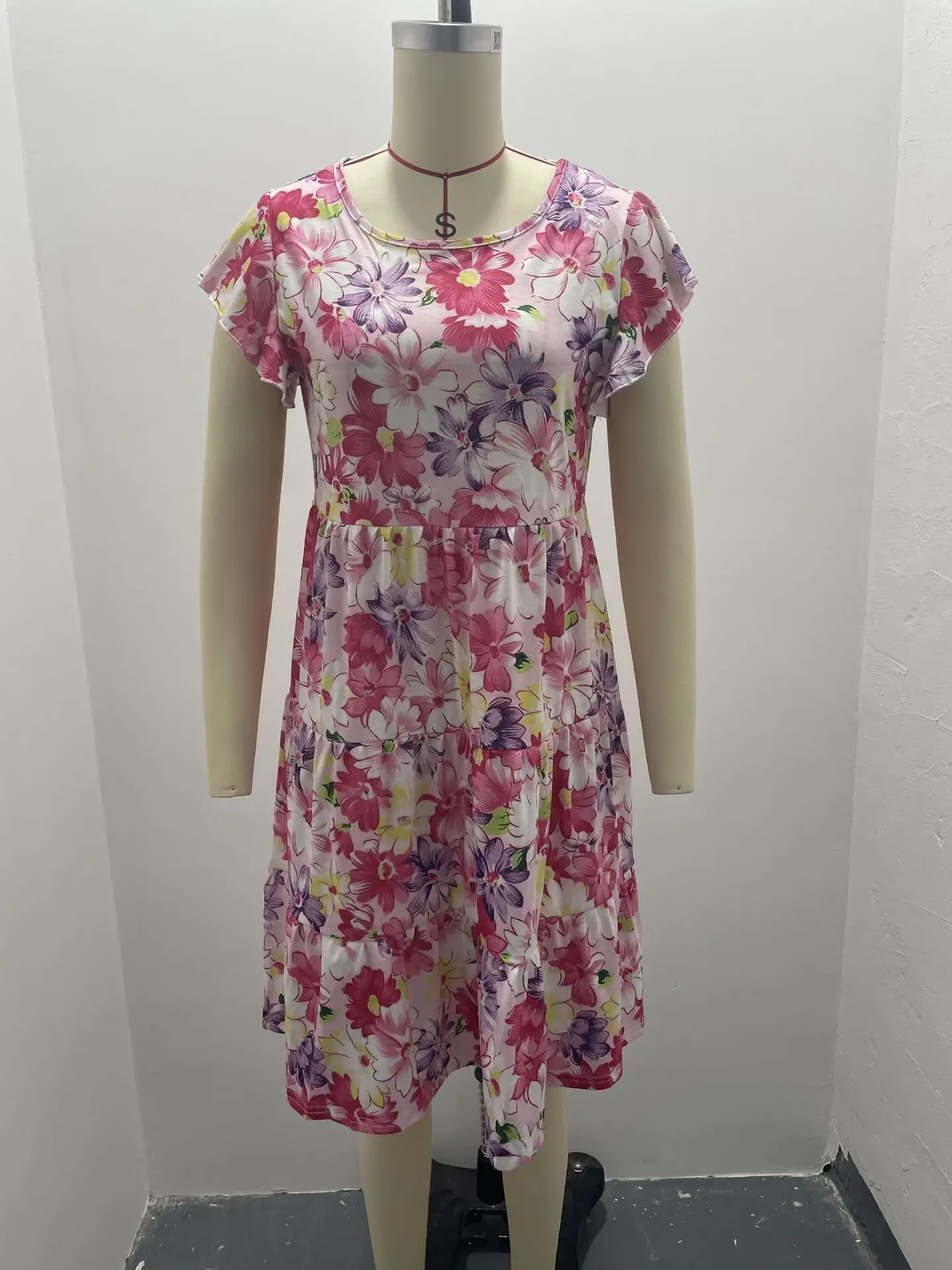 Purple Floral Flutter Sleeve Casual Dress for Women — feature 29
