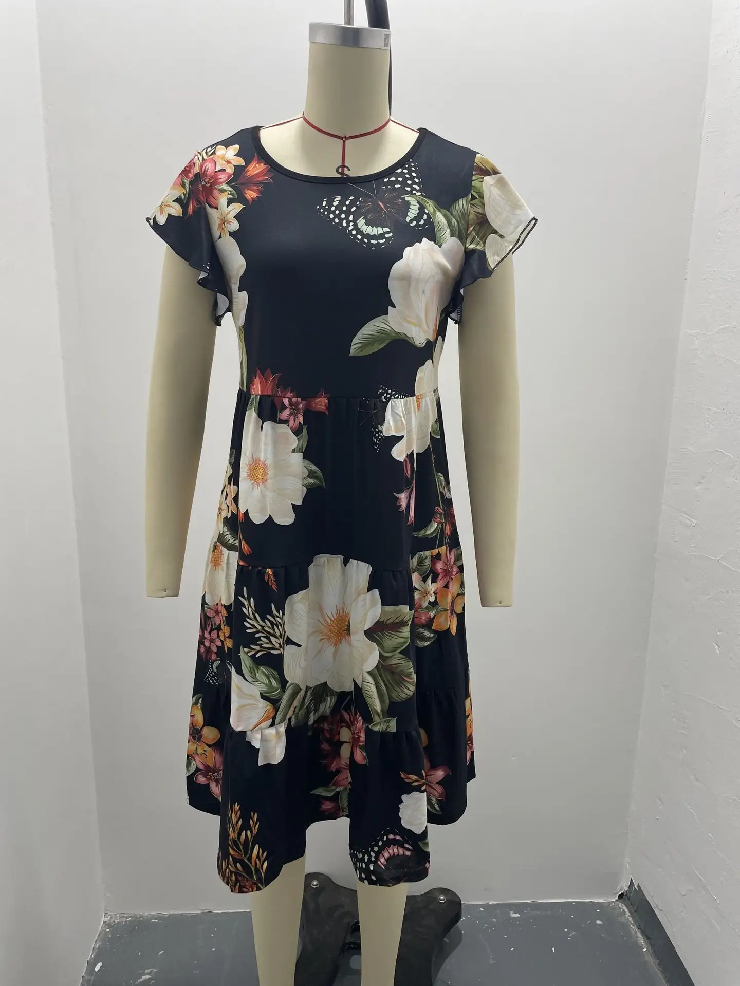 Purple Floral Flutter Sleeve Casual Dress for Women — feature 40