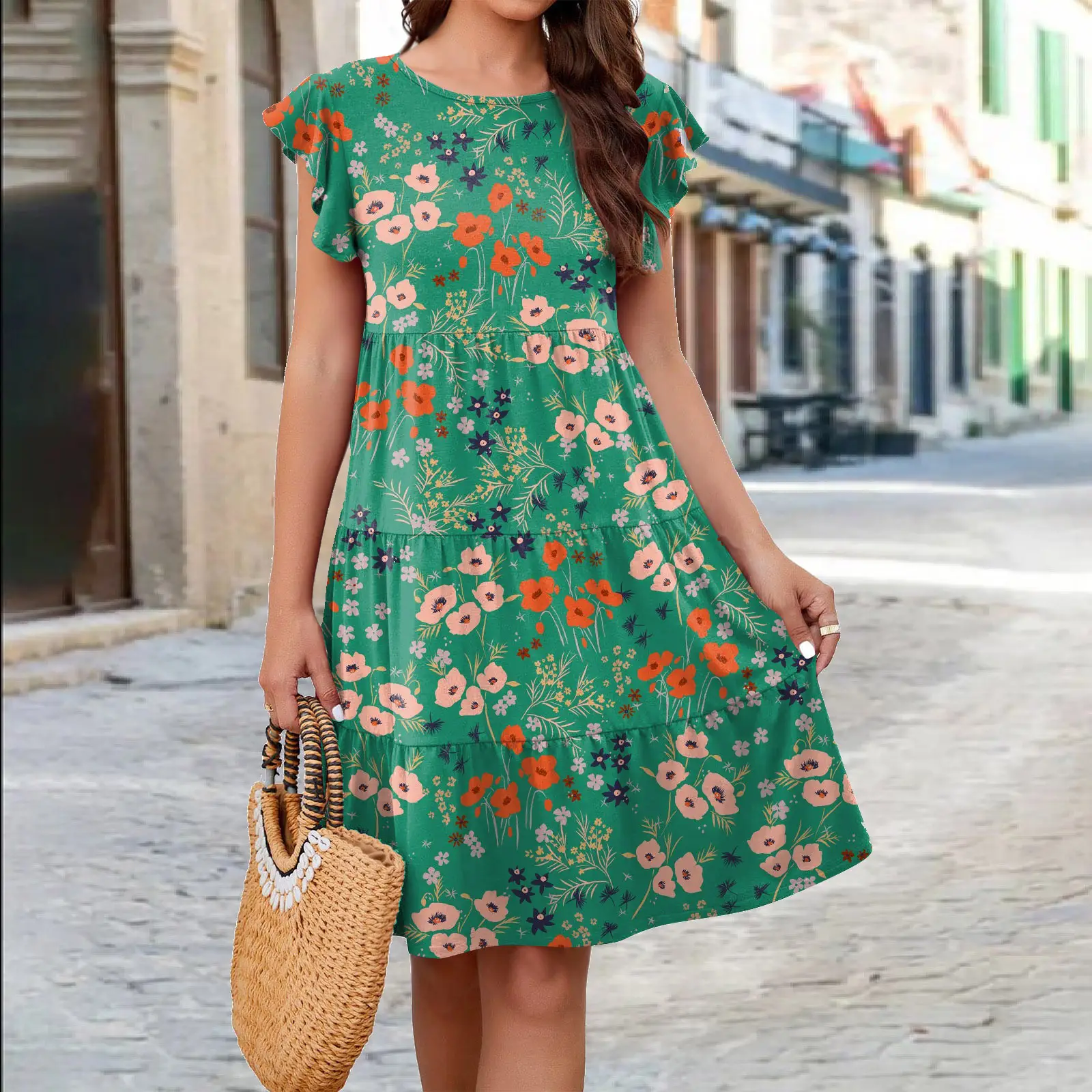Purple Floral Flutter Sleeve Casual Dress for Women - Image 4