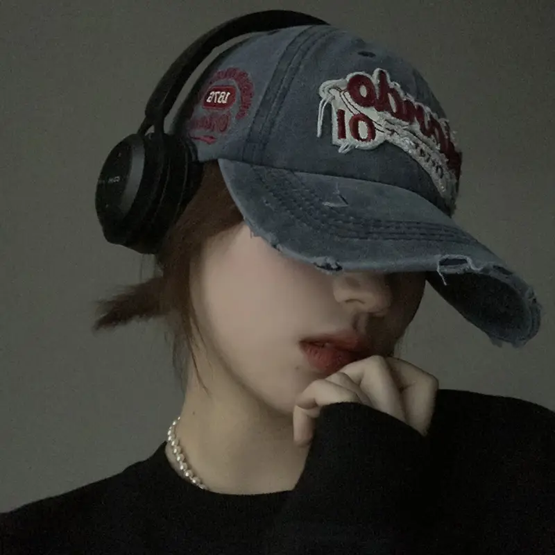 American Retro Old Baseball Cap Women's Big Head Wash Ripped Cowboy Wide Brim Cap