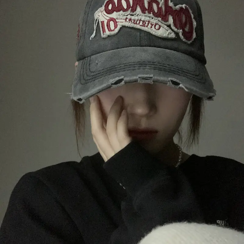 American Retro Old Baseball Cap Women's Big Head Wash Ripped Cowboy Wide Brim Cap - Image 7
