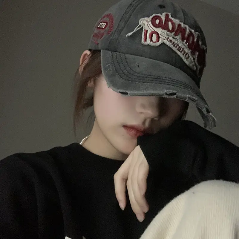 American Retro Old Baseball Cap Women's Big Head Wash Ripped Cowboy Wide Brim Cap - Image 8