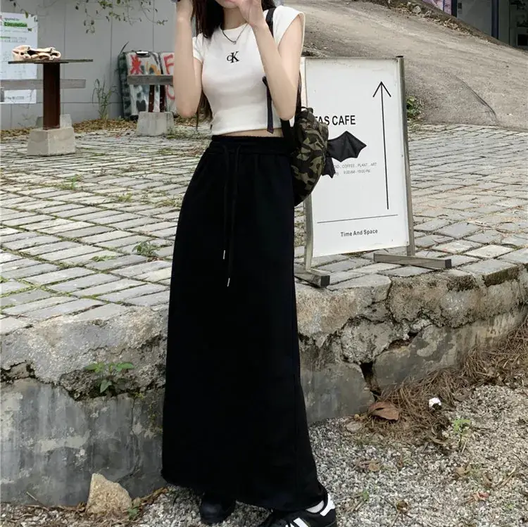 Women's Grey Sweater Skirt High Waist Cross Slimming Casual A-Line Split Hip Long Skirt - Image 5
