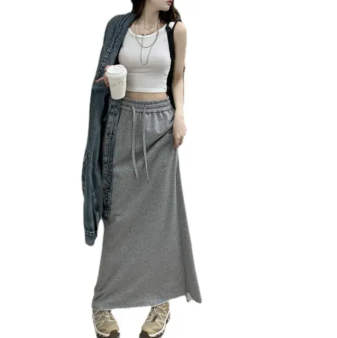 Women's Grey Sweater Skirt High Waist Cross Slimming Casual A-Line Split Hip Long Skirt - Image 7