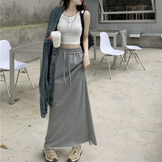 Women's Grey Sweater Skirt High Waist Cross Slimming Casual A-Line Split Hip Long Skirt — feature 10
