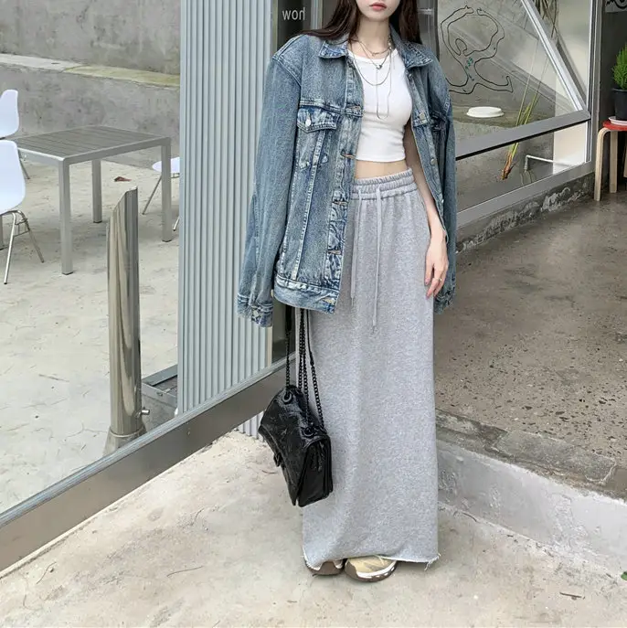 Women's Grey Sweater Skirt High Waist Cross Slimming Casual A-Line Split Hip Long Skirt — feature 11