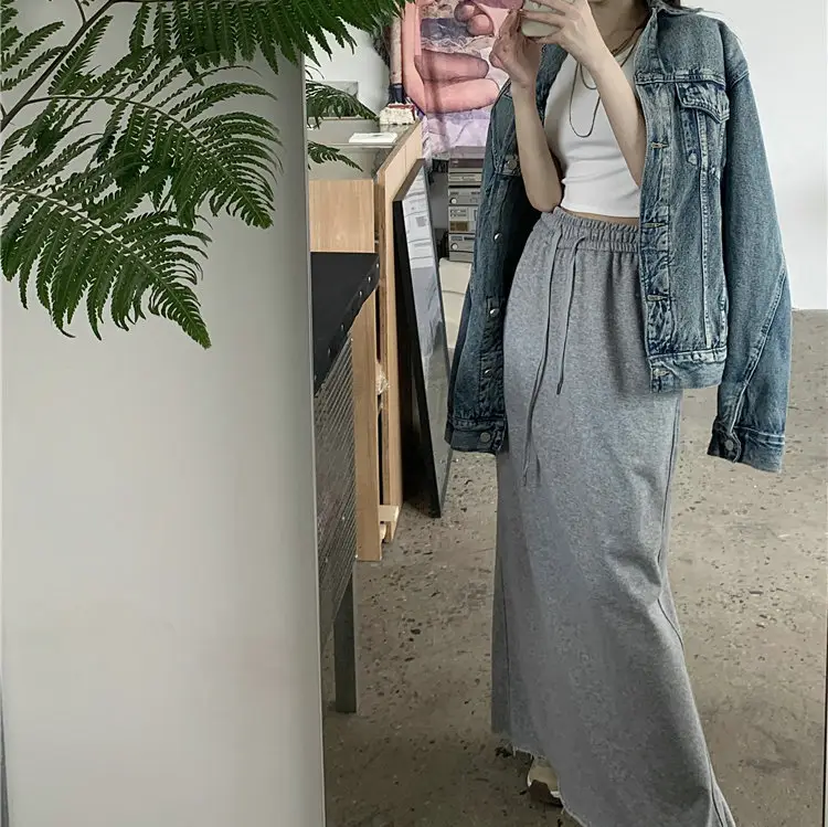 Women's Grey Sweater Skirt High Waist Cross Slimming Casual A-Line Split Hip Long Skirt — feature 12