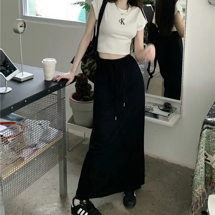 Women's Grey Sweater Skirt High Waist Cross Slimming Casual A-Line Split Hip Long Skirt — feature 13