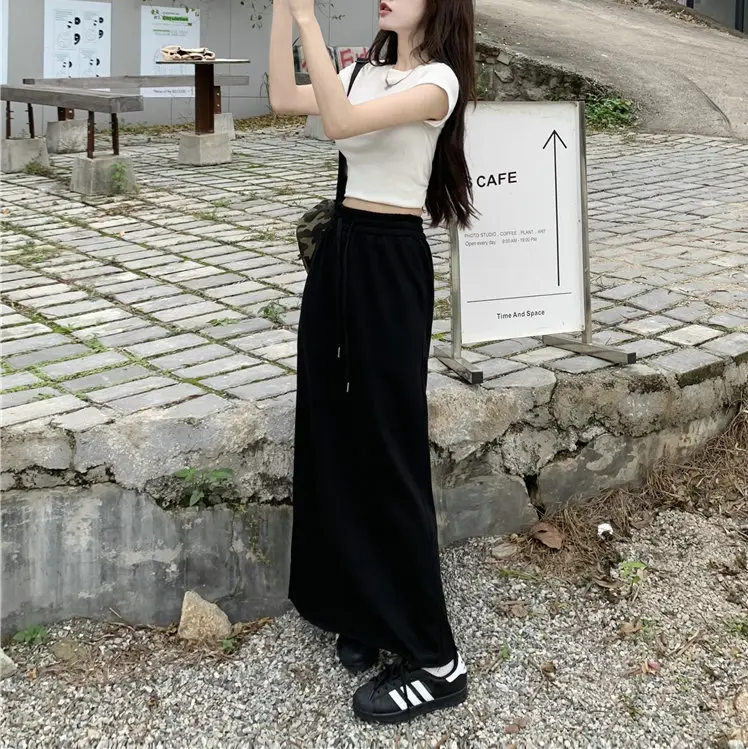 Women's Grey Sweater Skirt High Waist Cross Slimming Casual A-Line Split Hip Long Skirt — feature 14