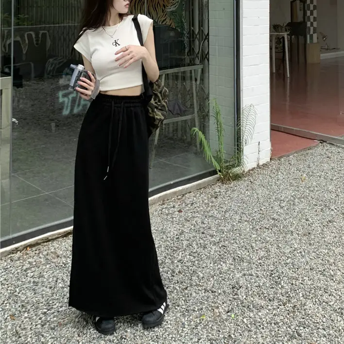 Women's Grey Sweater Skirt High Waist Cross Slimming Casual A-Line Split Hip Long Skirt — feature 15