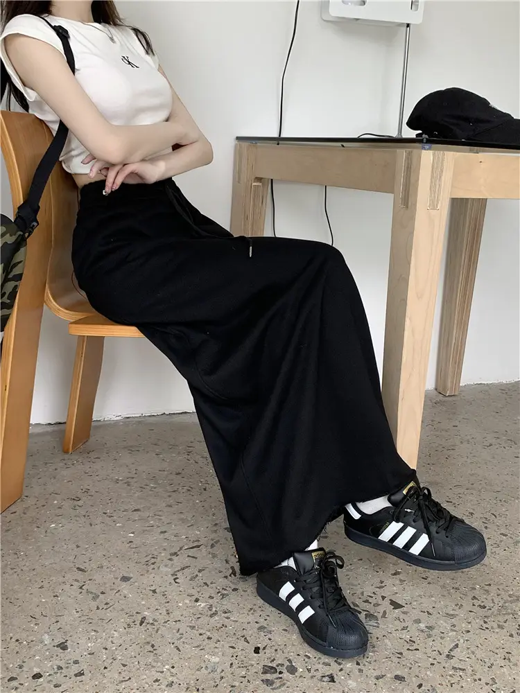 Women's Grey Sweater Skirt High Waist Cross Slimming Casual A-Line Split Hip Long Skirt — feature 16