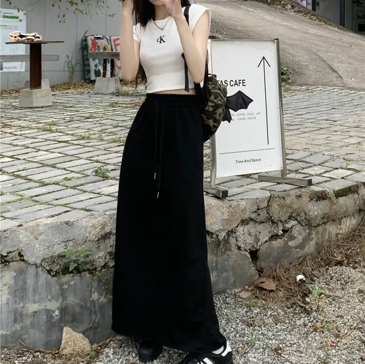 Women's Grey Sweater Skirt High Waist Cross Slimming Casual A-Line Split Hip Long Skirt — feature 17