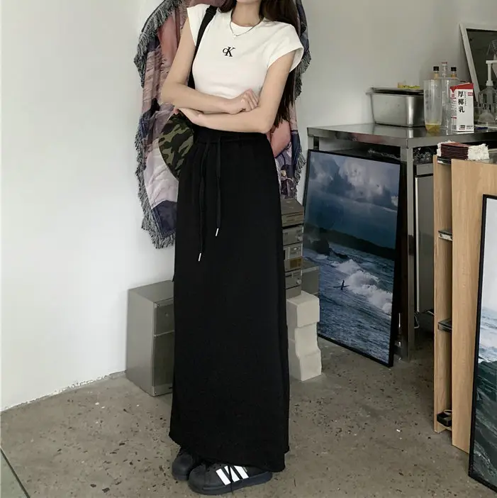 Women's Grey Sweater Skirt High Waist Cross Slimming Casual A-Line Split Hip Long Skirt — feature 18