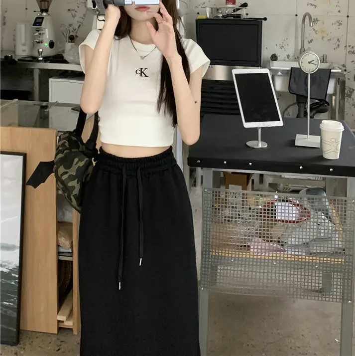 Women's Grey Sweater Skirt High Waist Cross Slimming Casual A-Line Split Hip Long Skirt — feature 19