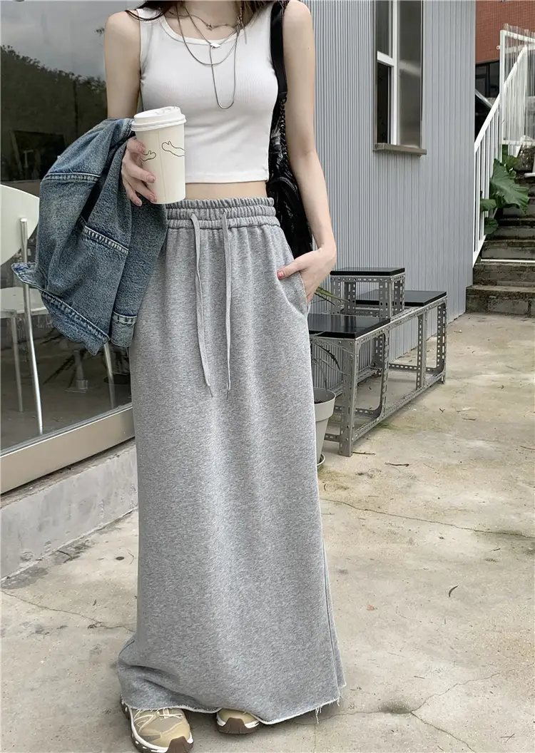 Women's Grey Sweater Skirt High Waist Cross Slimming Casual A-Line Split Hip Long Skirt — feature 2