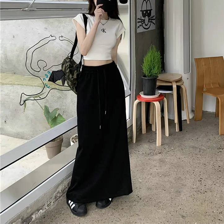 Women's Grey Sweater Skirt High Waist Cross Slimming Casual A-Line Split Hip Long Skirt — feature 20