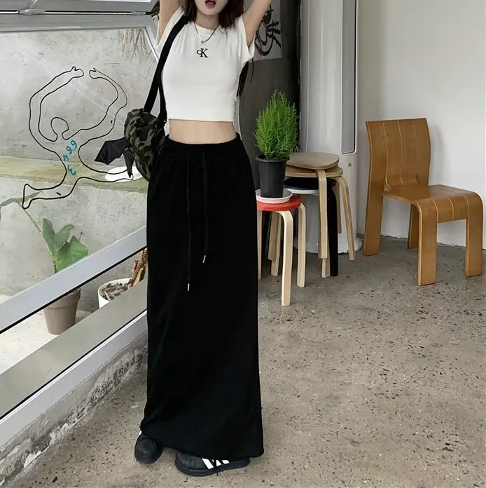 Women's Grey Sweater Skirt High Waist Cross Slimming Casual A-Line Split Hip Long Skirt — feature 21