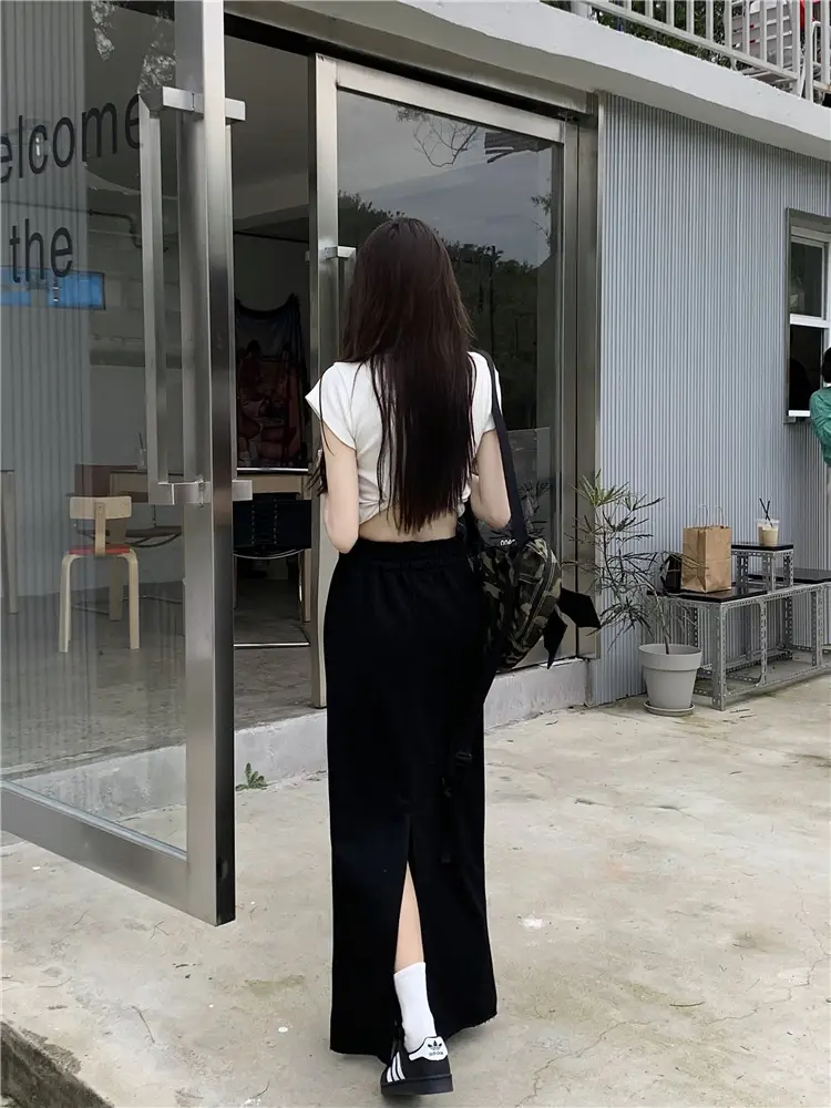 Women's Grey Sweater Skirt High Waist Cross Slimming Casual A-Line Split Hip Long Skirt — feature 23
