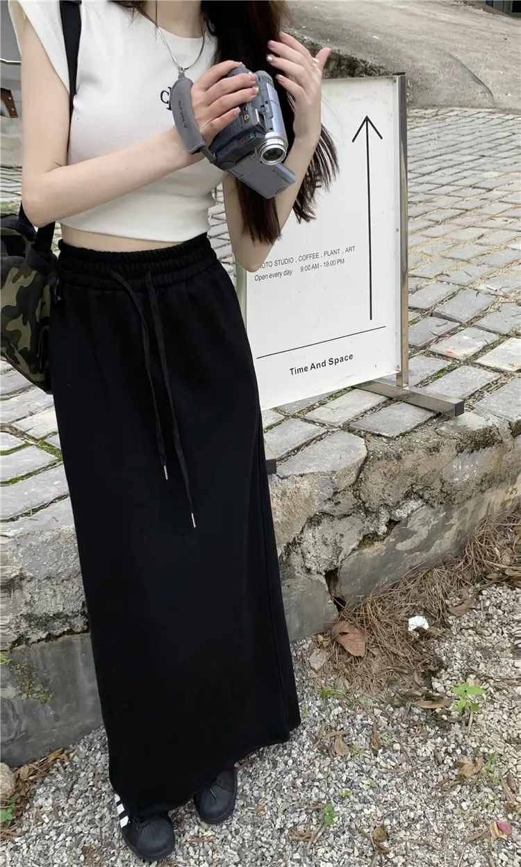 Women's Grey Sweater Skirt High Waist Cross Slimming Casual A-Line Split Hip Long Skirt — feature 24