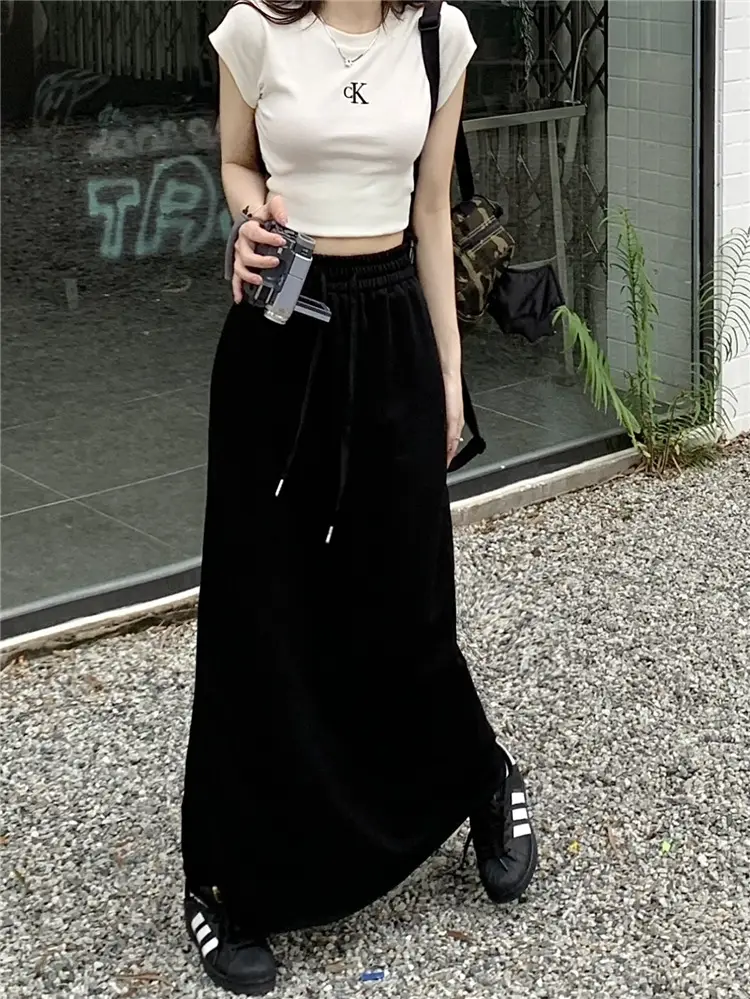 Women's Grey Sweater Skirt High Waist Cross Slimming Casual A-Line Split Hip Long Skirt — feature 25