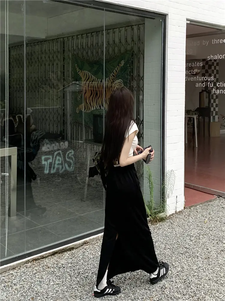 Women's Grey Sweater Skirt High Waist Cross Slimming Casual A-Line Split Hip Long Skirt — feature 26