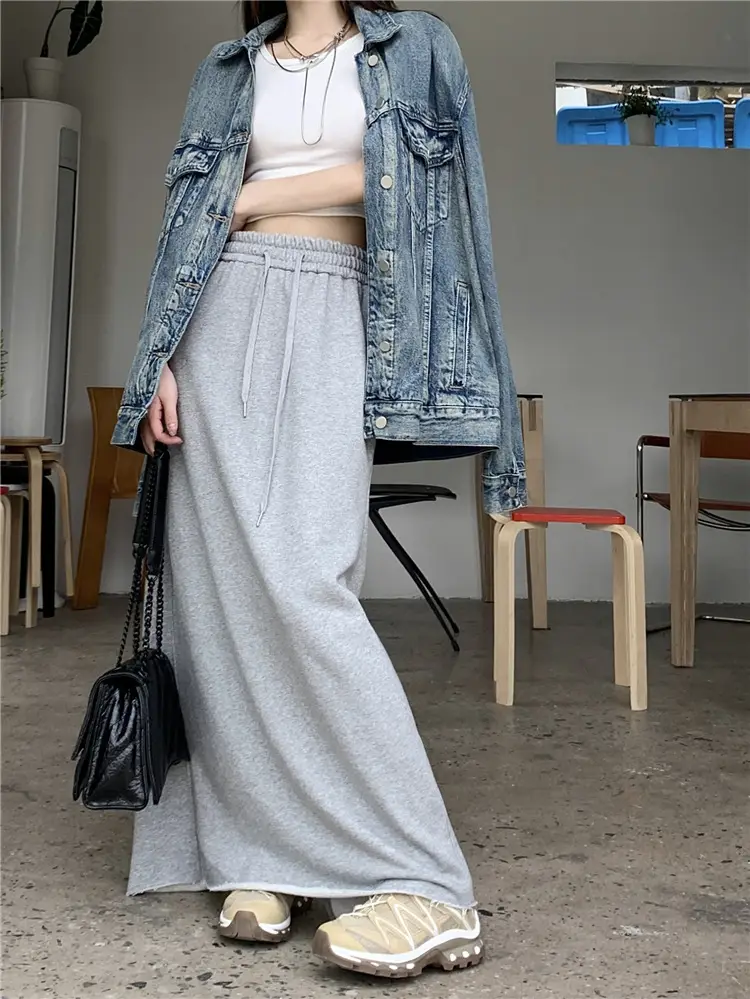 Women's Grey Sweater Skirt High Waist Cross Slimming Casual A-Line Split Hip Long Skirt — feature 3