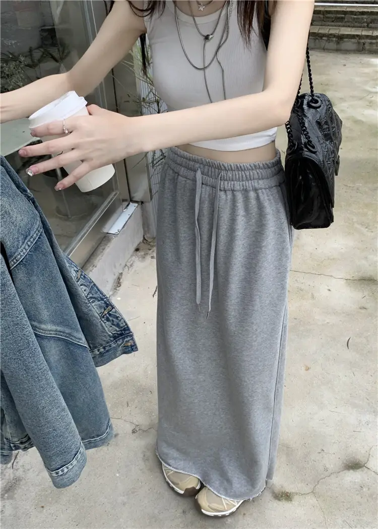 Women's Grey Sweater Skirt High Waist Cross Slimming Casual A-Line Split Hip Long Skirt — feature 4