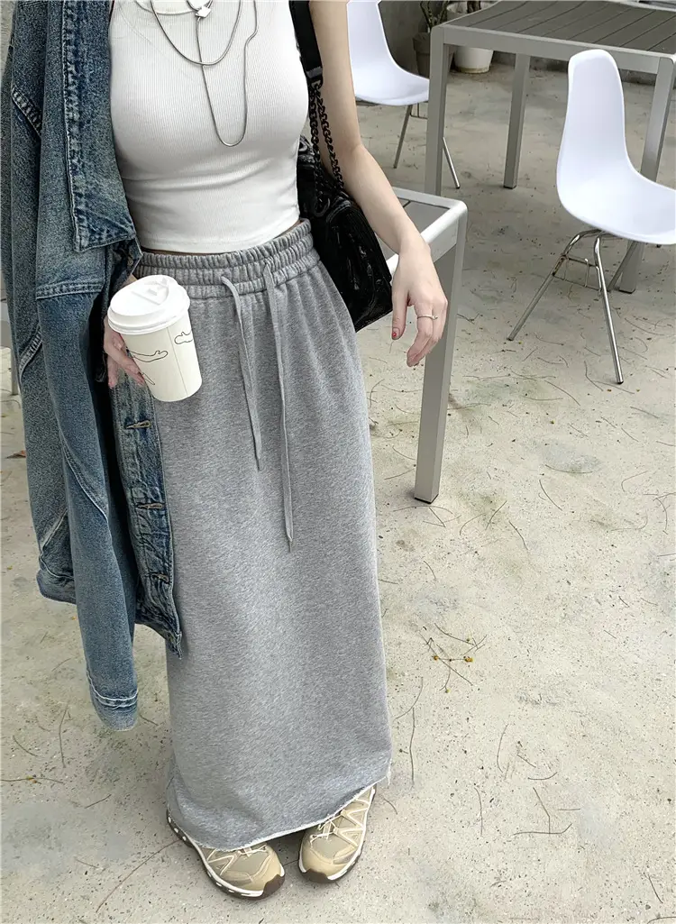 Women's Grey Sweater Skirt High Waist Cross Slimming Casual A-Line Split Hip Long Skirt — feature 5