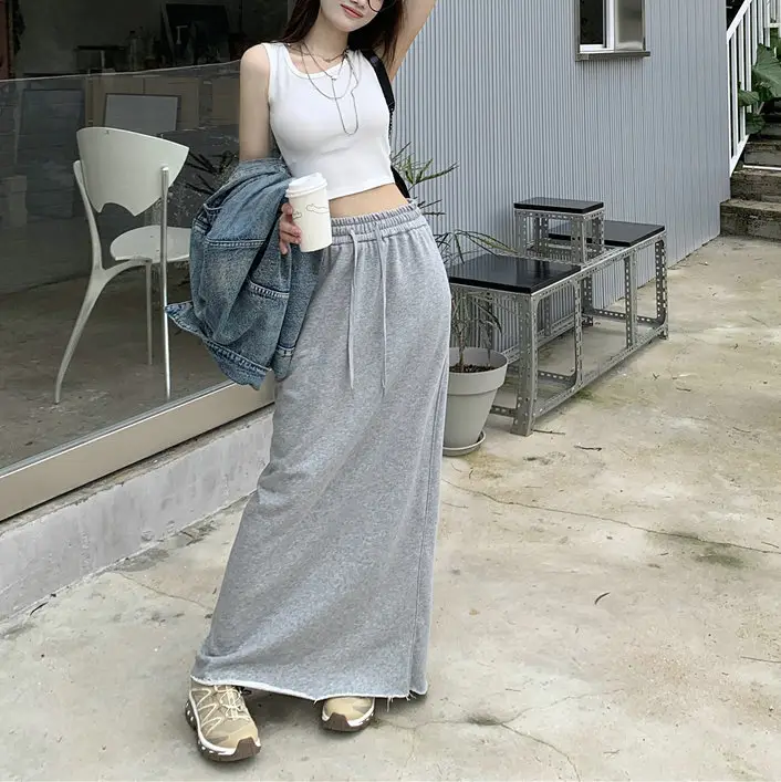 Women's Grey Sweater Skirt High Waist Cross Slimming Casual A-Line Split Hip Long Skirt — feature 6