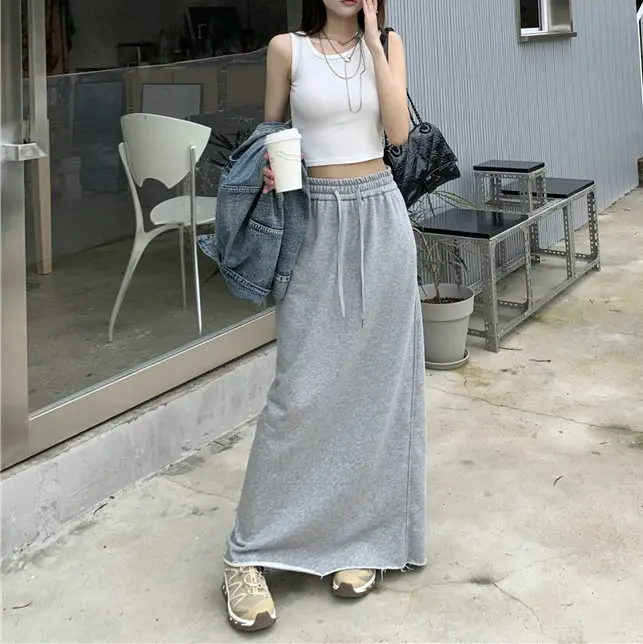 Women's Grey Sweater Skirt High Waist Cross Slimming Casual A-Line Split Hip Long Skirt — feature 7
