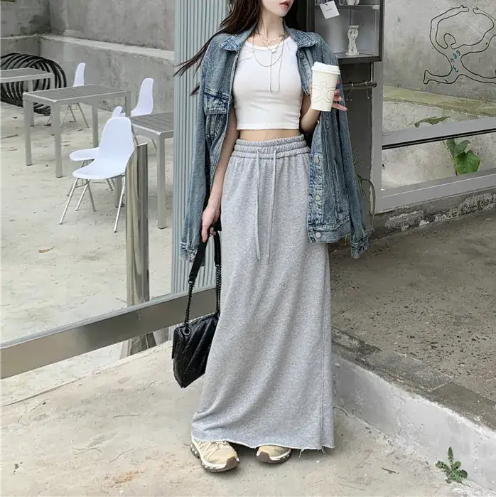 Women's Grey Sweater Skirt High Waist Cross Slimming Casual A-Line Split Hip Long Skirt - Image 2