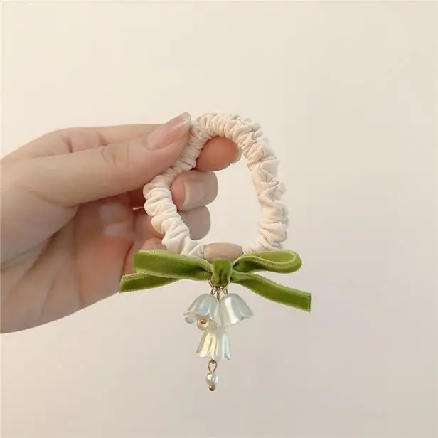 Lily Orchid Hair Rope with Green Bow & Pearl Drop - Image 5