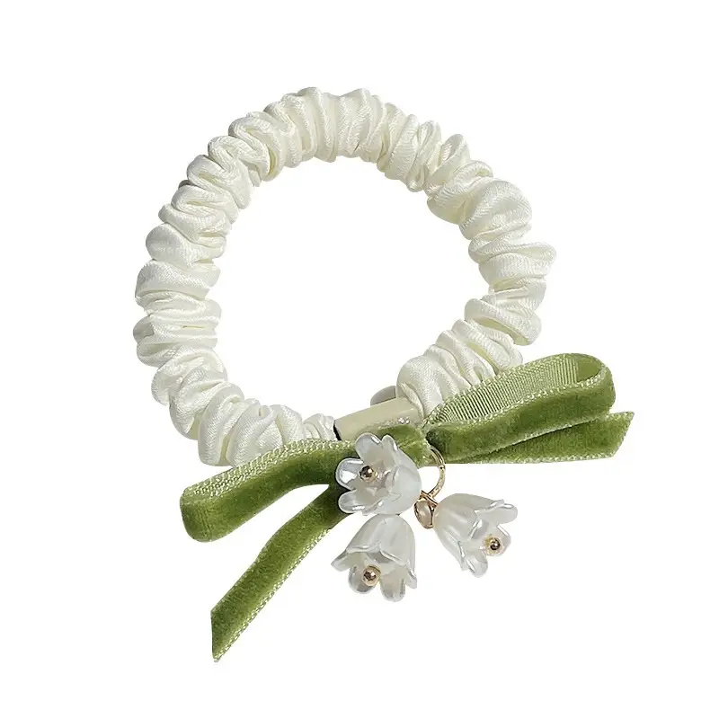Lily Orchid Hair Rope with Green Bow & Pearl Drop - Image 6